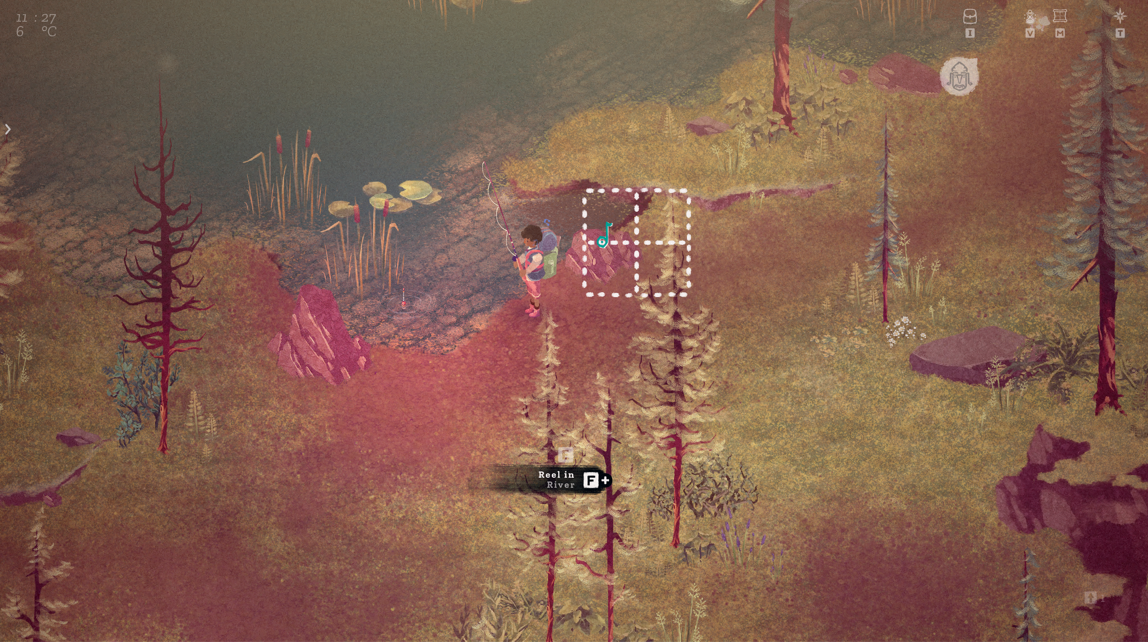 The Garden Path preview - fishing on the shore of a mossy green pond with reeds, small white dotted-line grid of UI by the character.