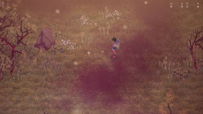 The Garden Path preview - alone in a green and brown field picking up a very small yellow plant.