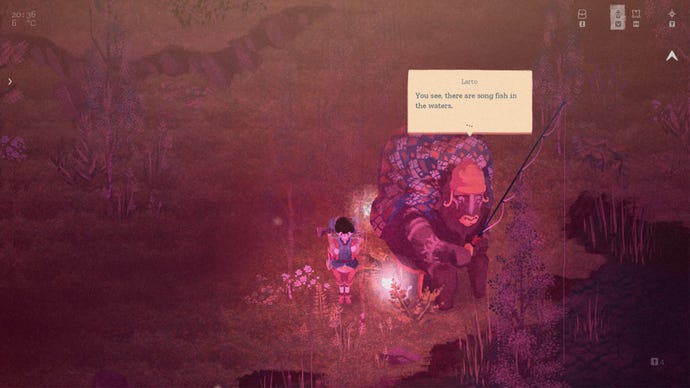 The player talks to Larto, a big buffalo who likes to fish, on the edge of the river bank in The Garden Path. It’s night and the scene is lit by a pink-ish lantern