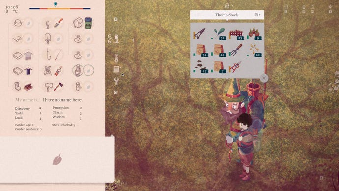 The player in The Garden Path has opened the trade window with Thom, and old man who looks a bit like a wizard