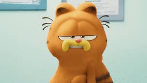 Garfield looks into the camera with an unimpressed face in The Garfield Movie.