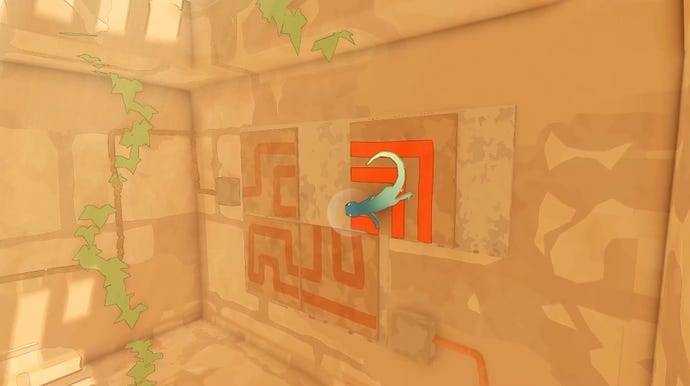 A screenshot of 3D puzzle game The Gecko Gods, showing the blue-green lizard character looking at a mosaic puzzle
