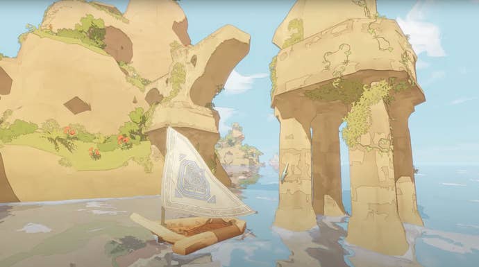 A gecko clambers across rocks towards a boat in The Gecko Gods.