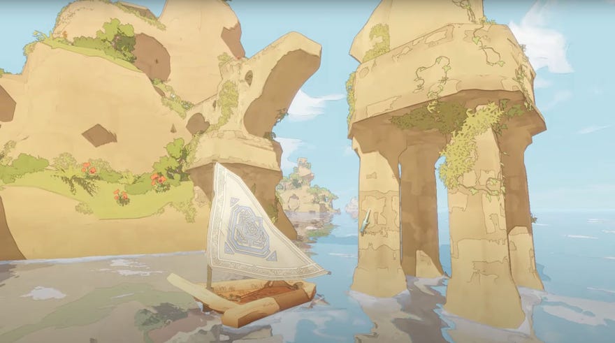 A gecko clambers across rocks towards a boat in The Gecko Gods.