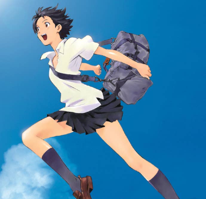 Artwork for The Girl Who Leapt Through Time, showing the anime’s main character jumping in the air.