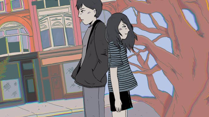 A women stands back-to-back with her child self in artwork for The Grown-Up Detective Agency.