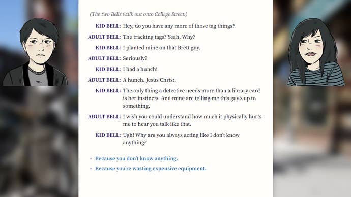 Kid Bell and Adult Bell investigate a case in a The Grown-Up Detective Agency screenshot.