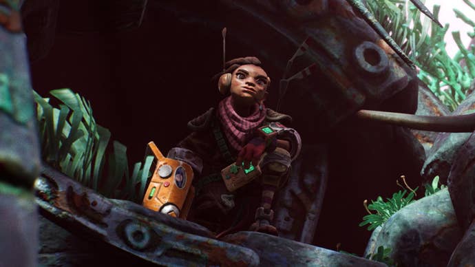 A close up of Rani kneeling down in The Gunk