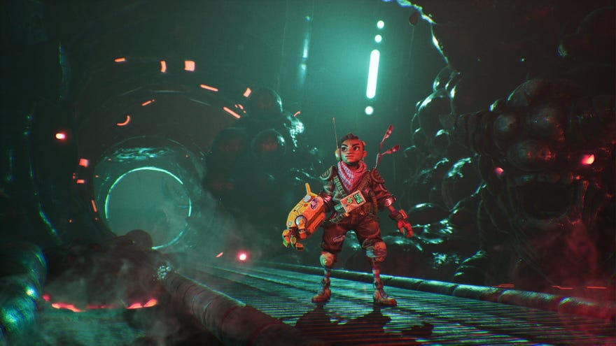 A young woman stands in a metallic tunnel covered in gunk in The Gunk