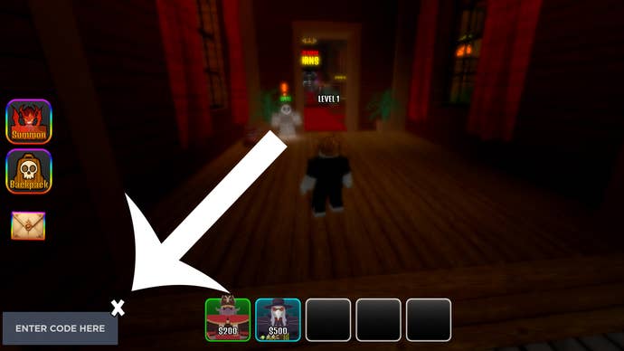 Arrow pointing at the codes menu in the Roblox tower defense horror game The House TD.