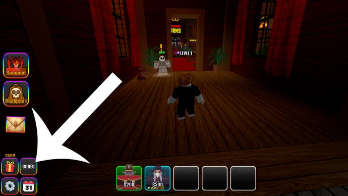 Arrow pointing at the button players need to press to access the codes menu in the Roblox horror game The House TD.
