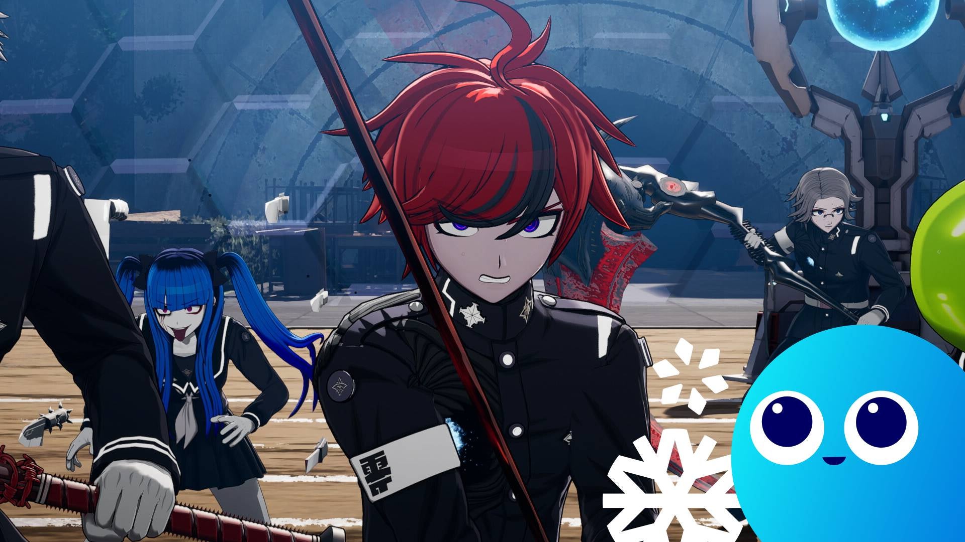 The protagonist and several major characters from The Hundred Line: Last Defense Academy square off against an unseen enemy, with the little Wishlisted doot in winter form looking on from the bottom right-hand corner.