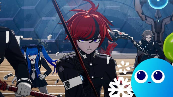 The protagonist and several major characters from The Hundred Line: Last Defense Academy square off against an unseen enemy, with the little Wishlisted doot in winter form looking on from the bottom right-hand corner.