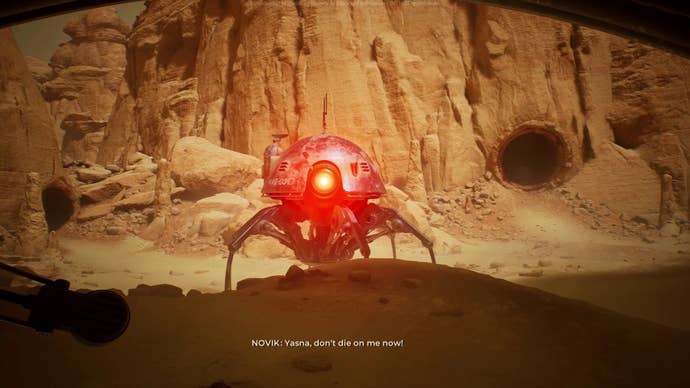 A spider-like robot prepares to fire a laser at the player in The Invincible