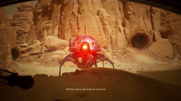 A spider-like robot prepares to fire a laser at the player in The Invincible