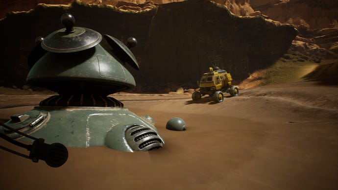A buggy sits alongside a massive spacepod buried in the sand in The Invincible.
