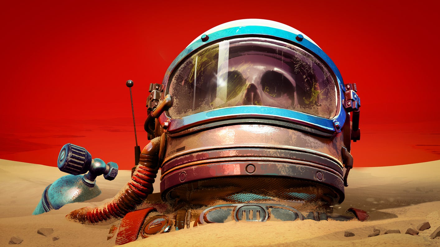 An illustration of a vintage-style space suit lodged in the ground with a wasted astronaut within. The skin has been stripped from their bones and only a bony skull is now visible. They are buried in the sand and the sky is red and threatening above them. This is the key art for The Invincible.