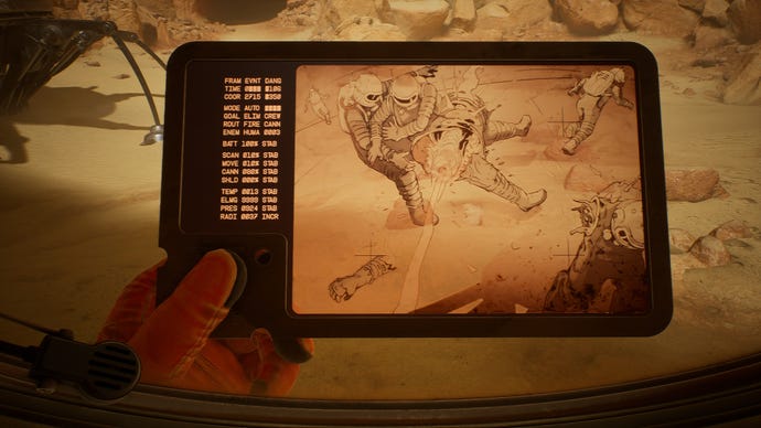 A hand drawn plate showing an astronaut getting blasted with a ray gun in The Invincible