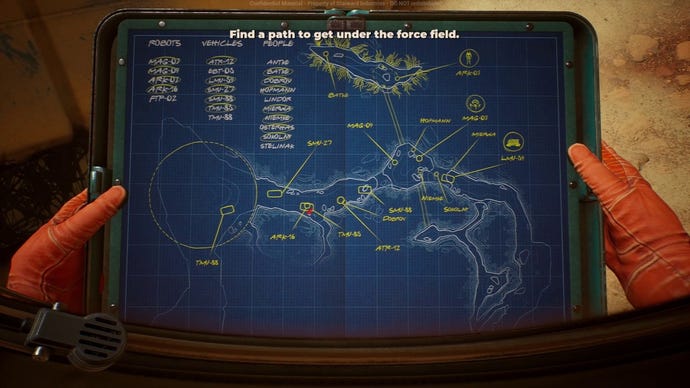 A very detailed blue map screen of a canyon in The Invincible