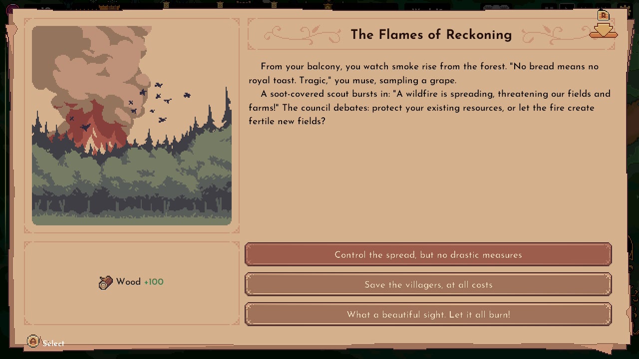 The King is Watching screenshot showing a dilemma with three choices based on a fire in the woods