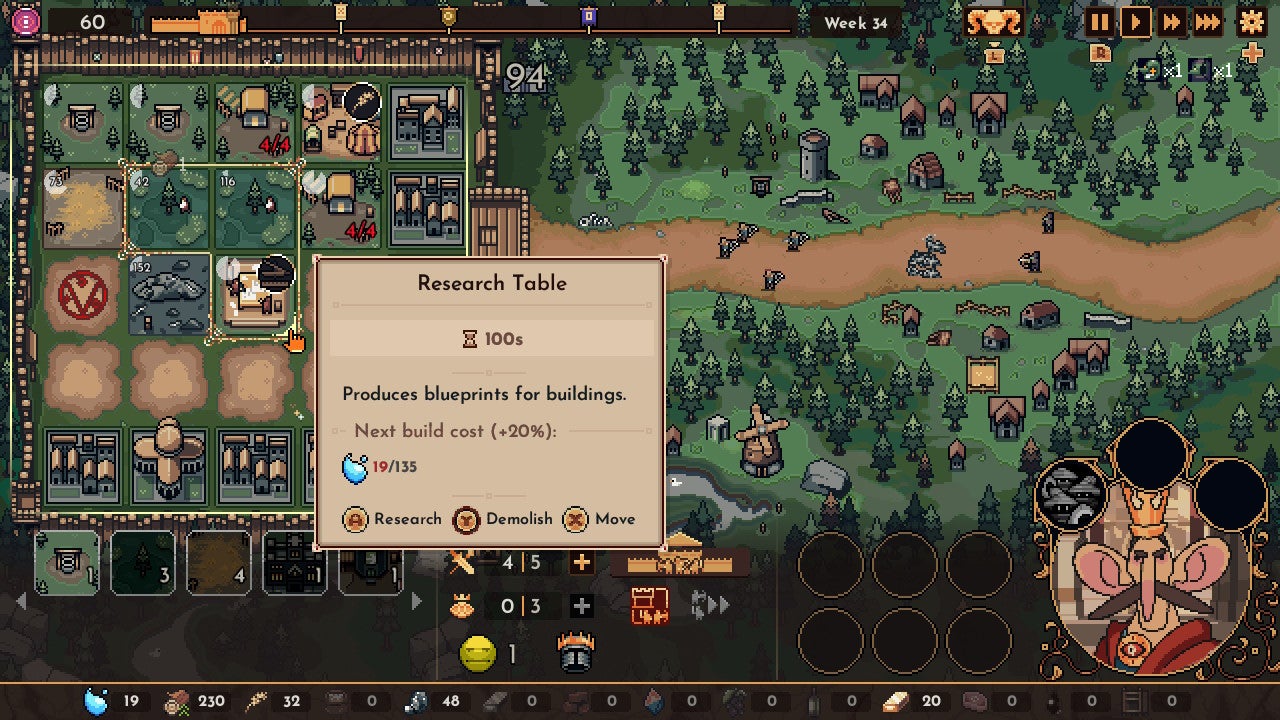 The King is Watching screenshot showing you conducting research in a menu over a pixel art view of a forest path