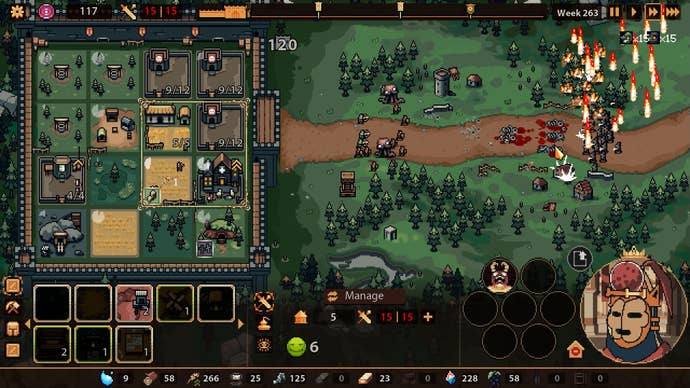 A top down view of a bucolic kingdom with a strategic tile overlay in The King Is Watching.