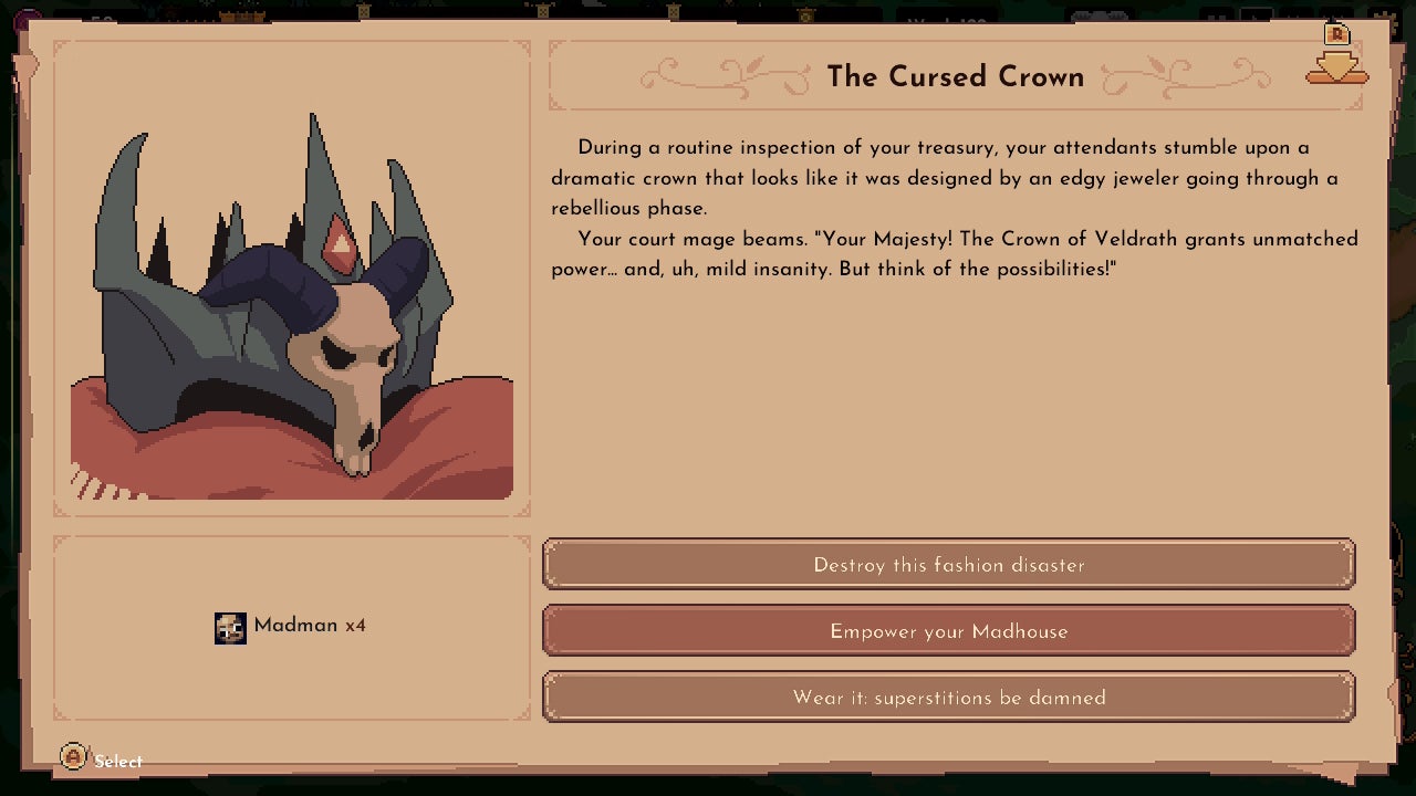 The King is Watching screenshot showing a dilemma screen with several choices based on a Cursed Crown