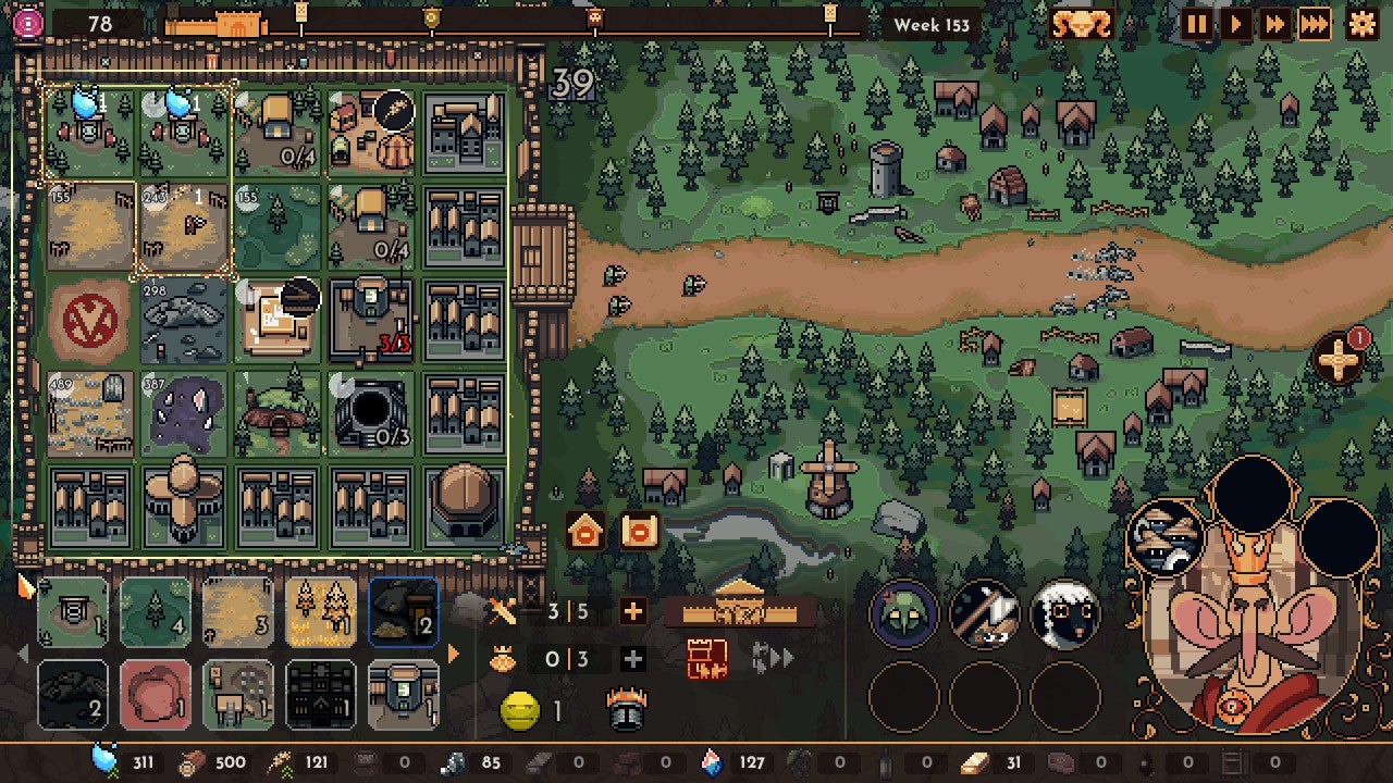 The King is Watching screenshot showing a view of a forest path in pixel art, a busy grid of village building tiles to the left