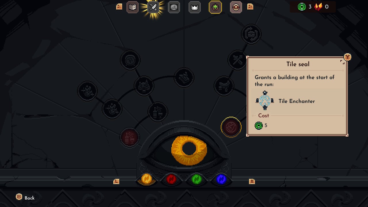 The King is Watching screenshot showing an upgrade menu with a watching eye at the bottom, and most options greyed out