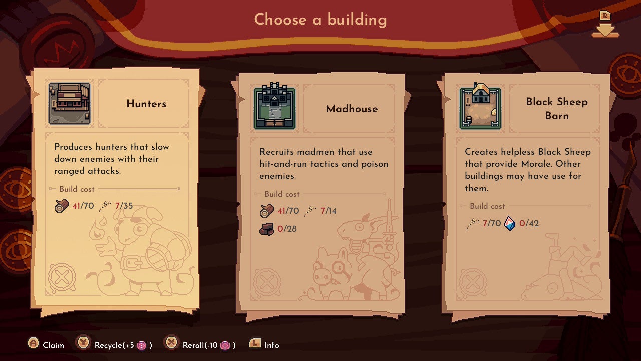 The King is Watching screenshot showing a choice of three buildings to construct