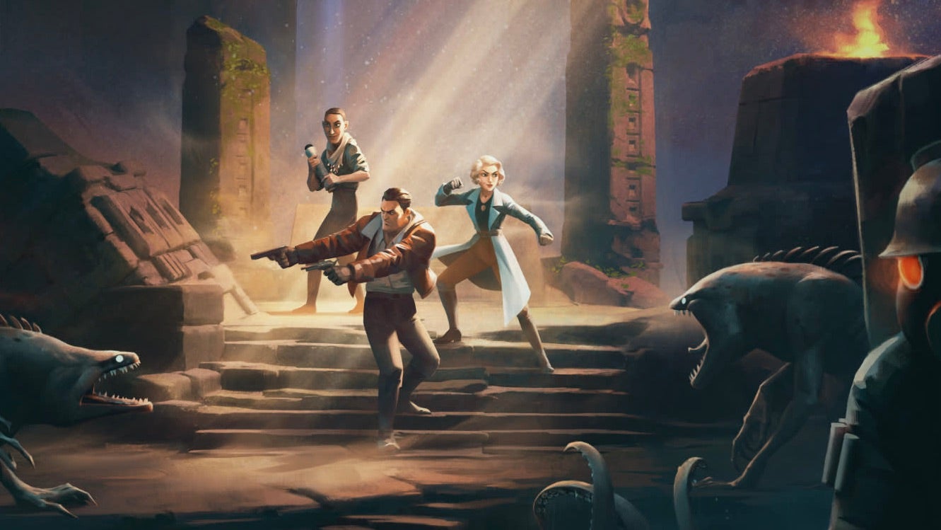 A promotional illustration for The Lamplighters League showing three agents surrounded by Eldritch beasts and enemy soldiers deep in a crumbling temple.