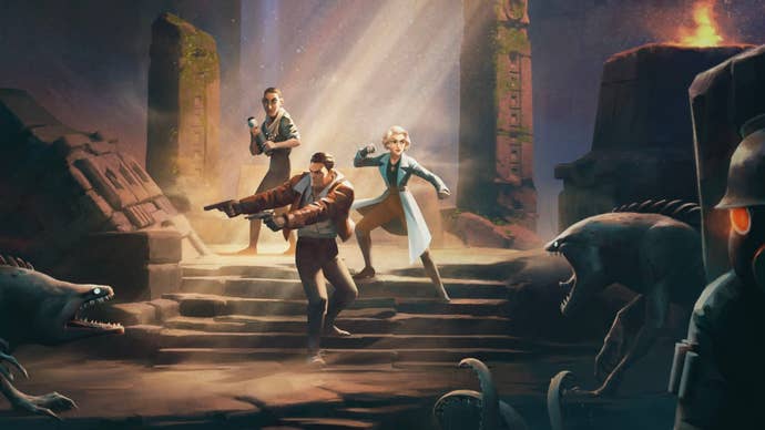 A promotional illustration for The Lamplighters League showing three agents surrounded by Eldritch beasts and enemy soldiers deep in a crumbling temple.