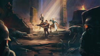 A promotional illustration for The Lamplighters League showing three agents surrounded by Eldritch beasts and enemy soldiers deep in a crumbling temple.