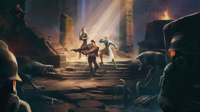 A promotional illustration for The Lamplighters League showing three agents surrounded by Eldritch beasts and enemy soldiers deep in a crumbling temple.