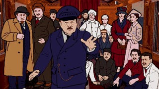 A train guard raises their hand toward the player, while passengers gather behind him, in The Last Express