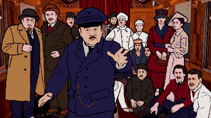 A train guard raises their hand toward the player, while passengers gather behind him, in The Last Express