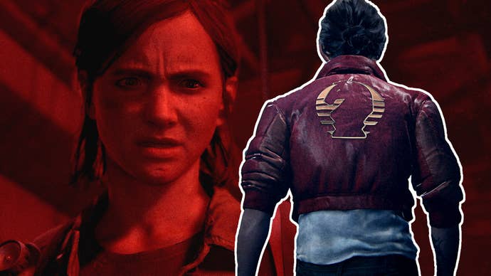The Last of Us Part 2 Remastered’s Ellie looking angry while bathed in red light, with a No Return mode jacket inspired by Naughty Dog’s Intergalactic: The Heretic Prophet overlaid nearby.