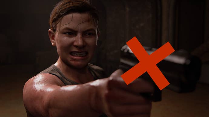 The Last of Us Part 2 Remastered screenshot showing Abby angrily brandishing a gun but the weapon is obscured by a big red cross.
