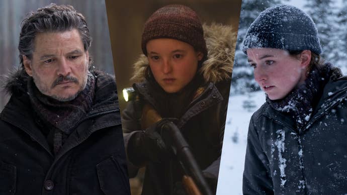 Composite image showing scenes of Joel, Ellie, and Abby from HBO’s The Last of Us season two.