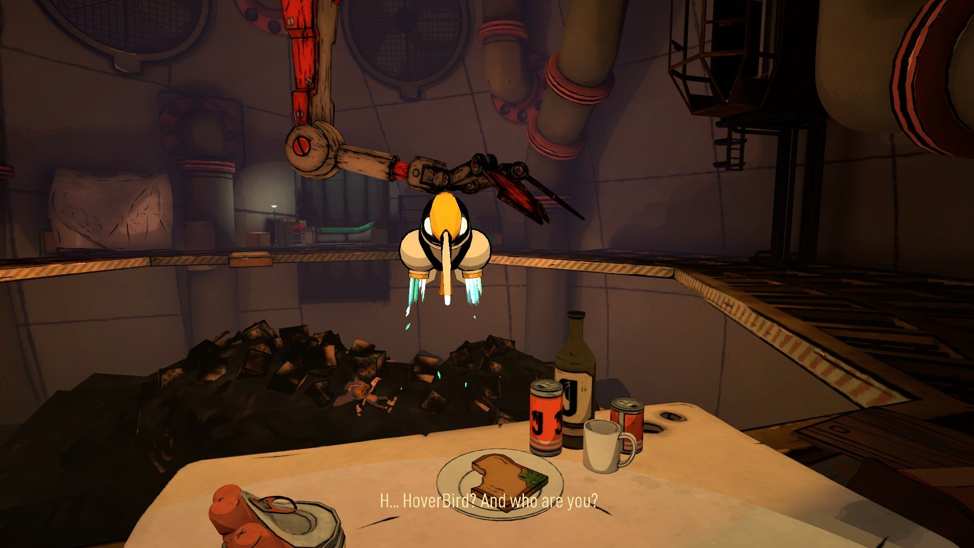 A hover robot chats with Kurt as he eats his lunch in The Last Worker