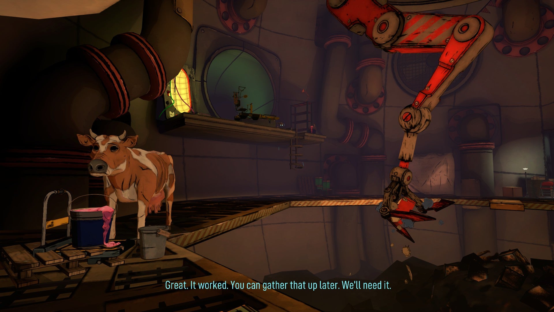 A big underground facility with a giant metal arm in The Last Worker