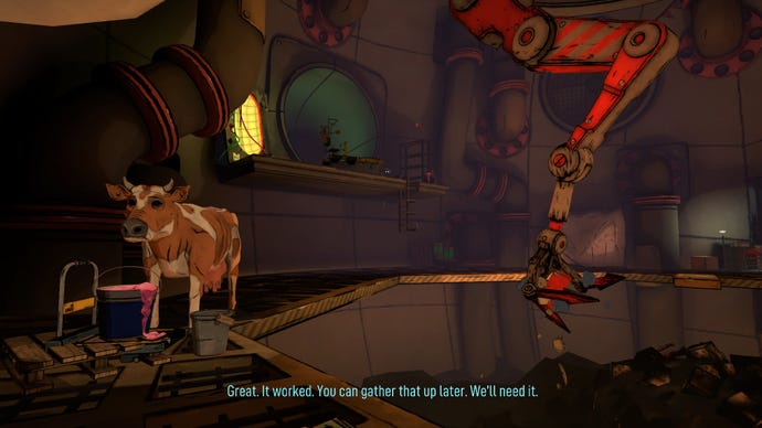 A big underground facility with a giant metal arm in The Last Worker