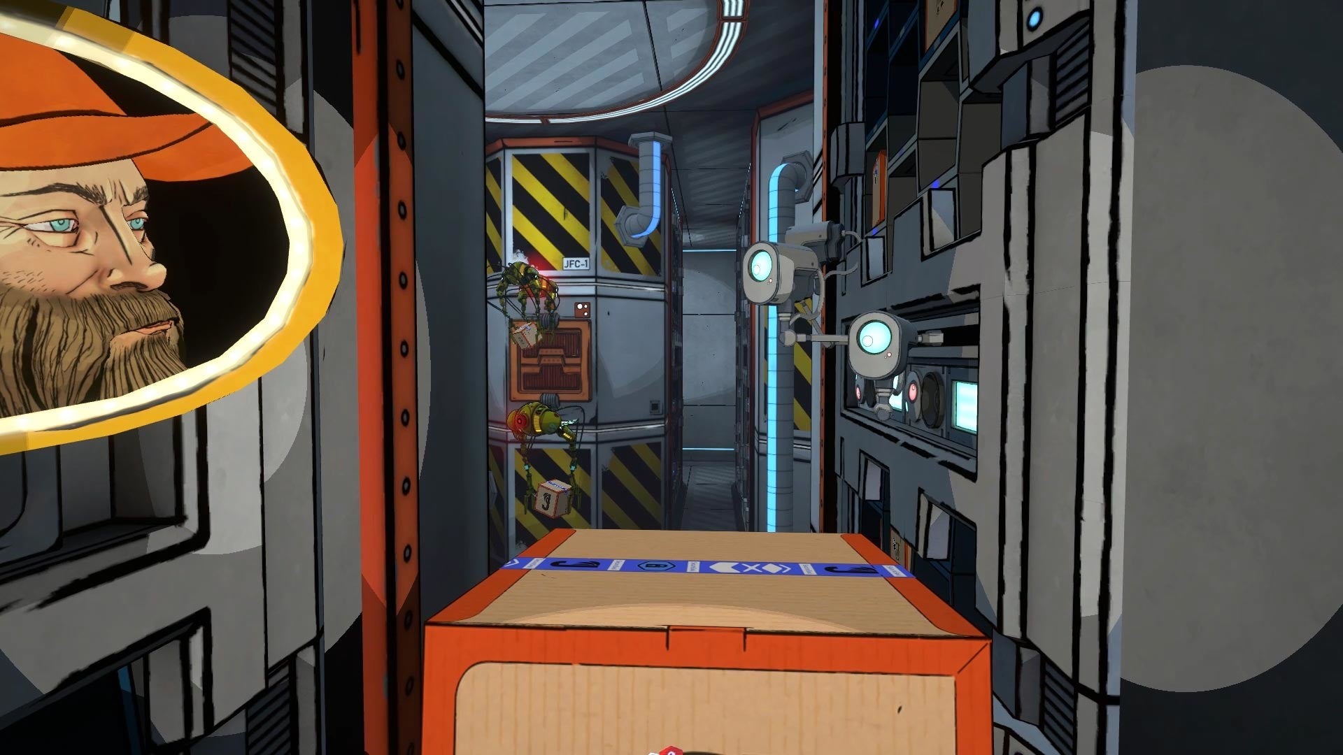 The Last Worker - a gameplay still of you working your way through the grey Amazon-like factory holding a box