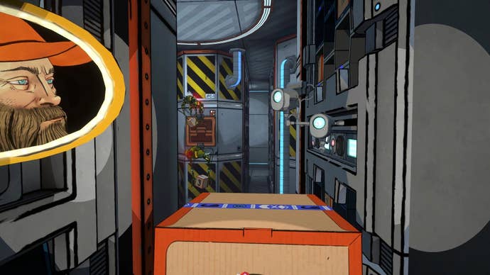 The Last Worker - a gameplay still of you working your way through the grey Amazon-like factory holding a box