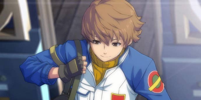 A young man in a yellow turtleneck with a white and blue jacket over it and swept auburn hair clutches the strap of his bag as he departs a train in Legend Of Heroes: Trails From Zero.