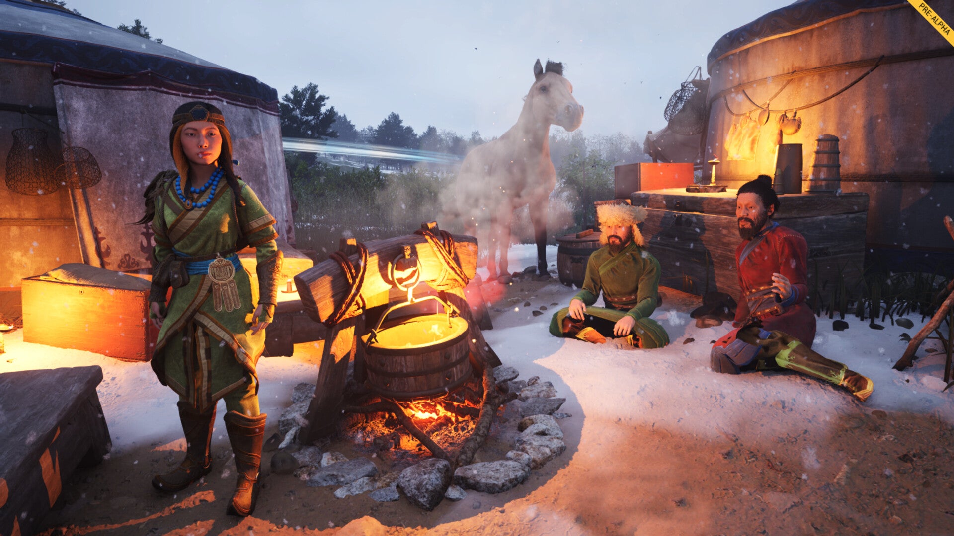 Some folks sitting astir a campfire with a equine successful The Legend of Khiimori.