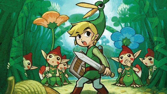 Link is shrunk down to the size of a bug, stood amongst flowers and grass, his alive hat Ezlo squaking, other tiny people with red hats in the background looking at him in The Legend of Zelda: The Minish Cap.