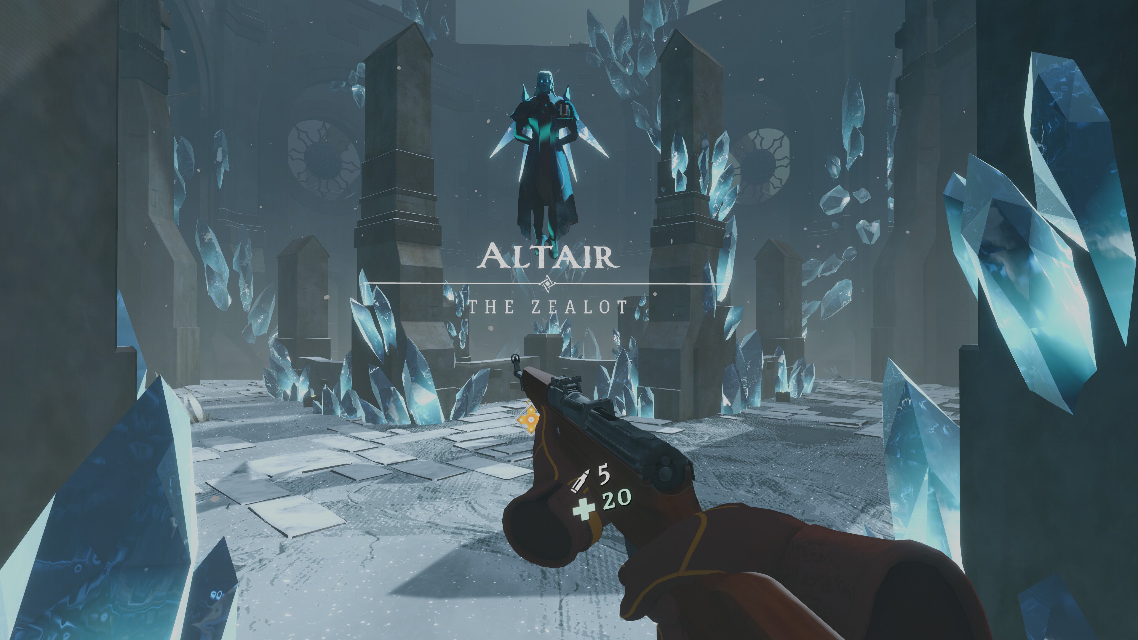 A floating enemy in The Light Brigade VR roguelike, in what looks like a ruined church, its pillars covered in shards of ice. The enemy has spikes growing down from his back and is called Altair The Zealot