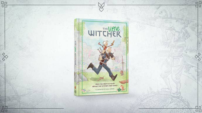 The cover art of “The Little Witcher” showing a pastel-colored drawing of Geralt giving a young Ciri a piggyback ride. Both have huge grins on their faces. Ciri holds aloft a crayon and a wooden sword and in the background, stone walls are covered in crayon drawings. Text reads: “From the creative minds of The Witcher video games. Illustrated by Giada Carboni.”