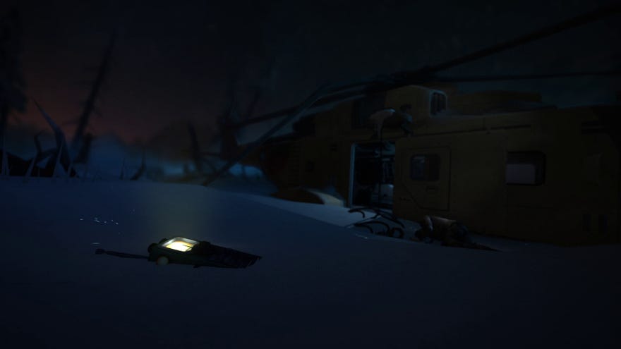 A walkie-talkie in the snow sending out electrical charges in The Long Dark’s Tales From The Far Territory expansion.